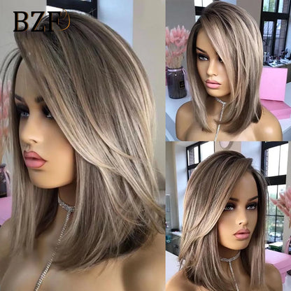 Brown Highlight Synthetic Lace Front Short Bob Wigs 13x3 Colored