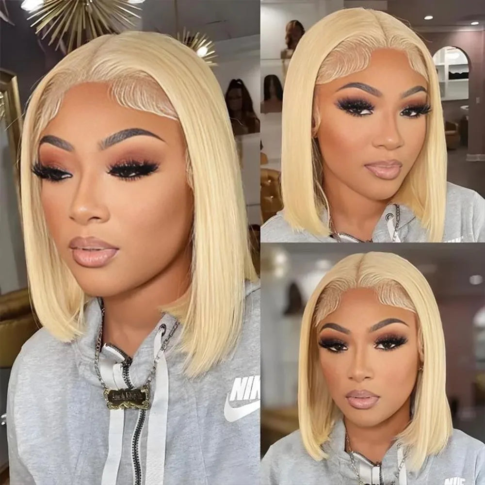 Short Straight Blonde Bob Wig – Brazilian Human Hair, 16”