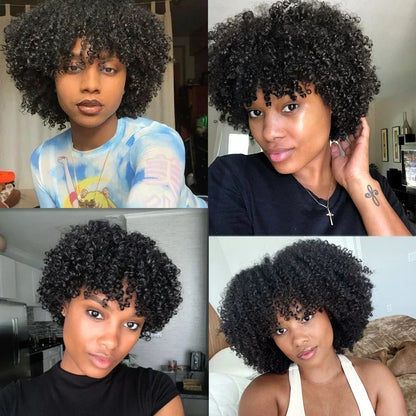 Short Curly Pixie Cut Wig with Bangs Glueless Afro Kinky Curly Brazilian Human Hair Wigs